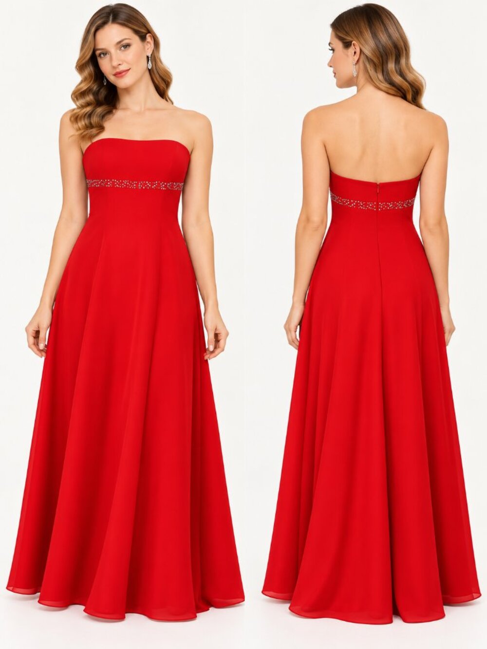 Bill Levkoff Red Strapless Beaded Empire Waist Formal Gown Size 6